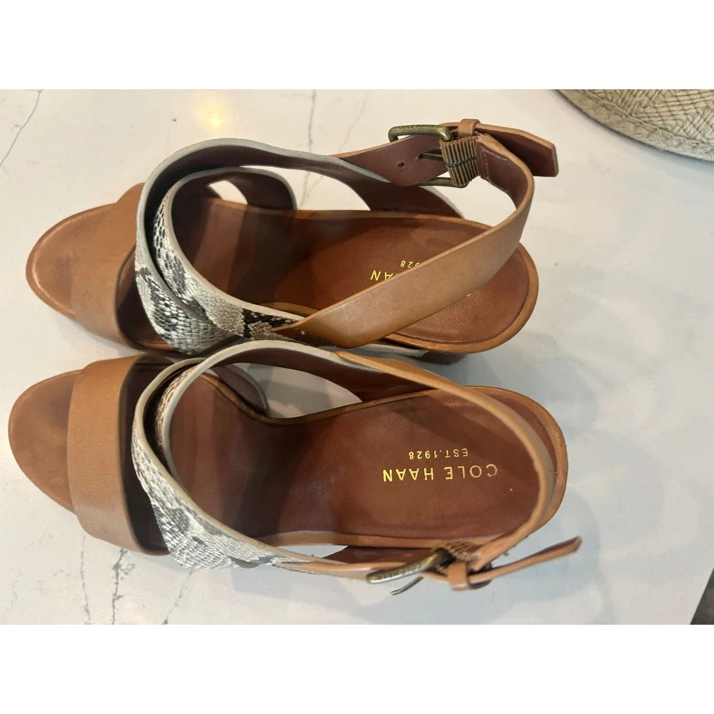 Cole Haan‎ Wedge Sandals Tan Snakeskin Embossed Leather Strappy Platform W01191